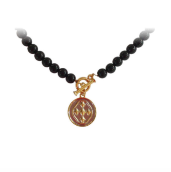 18" Black Onyx Necklace with Shield Medallion All Things Faithful