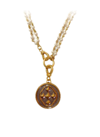 38.5" Pearl Rosary Bead Necklace with Shield Medallion- Matte Gold All Things Faithful Gracewear