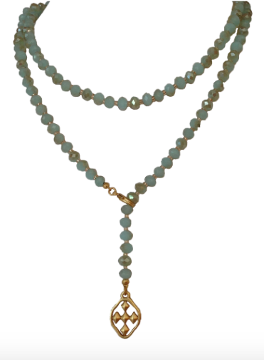 33" Iridescent Citron Lariat Necklace with Matte Gold Shield All Things Faithful Gracewear