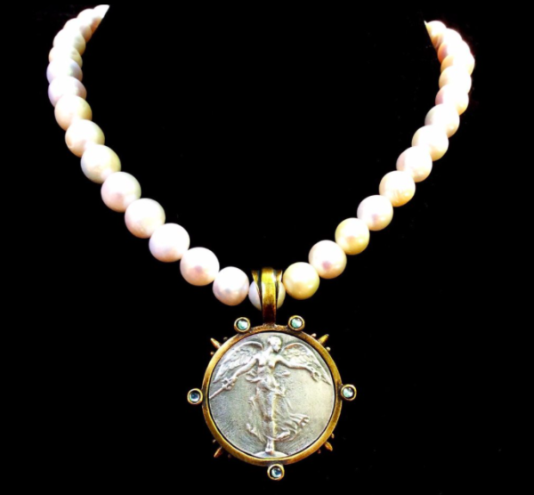 FRENCH KANDE VICTORY L'ANGE ANGEL MEDALLION FRESHWATER PEARL NECKLACE All Things Faithful Whispering Cowgirl