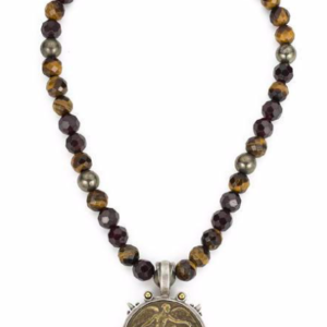 FRENCH KANDE VICTORY ANGEL MEDALLION IN TIGER'S EYE NECKLACE IN GOLD All Things Faithful Whispering Cowgirl