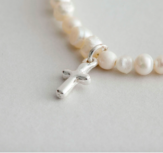 Product-DaySpring-Cultured Pearl Bracelet with Silver Cross for Child-AllThingsFaithful