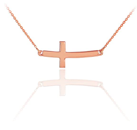 Product-14k Solid Rose Gold Sideways Curved Cute Cross Necklace for Women-Amazon-AllThingsFaithful
