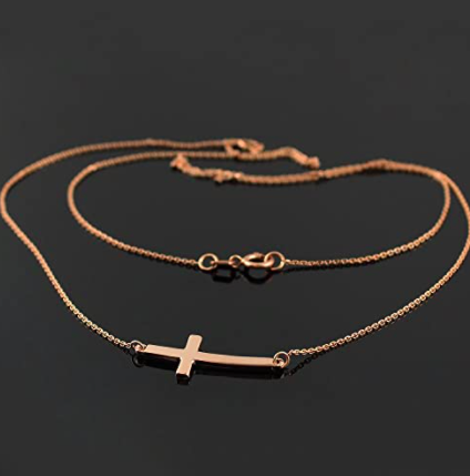 Product-14k Solid Rose Gold Sideways Curved Cute Cross Necklace for Women-Amazon-AllThingsFaithful