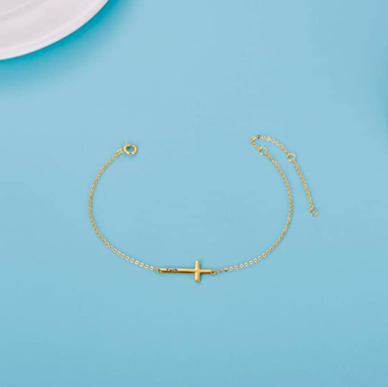 Product-Bracelet-14k Gold Sideways Cross Bracelets for Women, Yellow Gold Engraved Faith Cross Bracelet with Adjustable Chain Fine Jewelry for Mom, Wife, Girl, 6.5" - 8.5"-Amazon-AllThingsFaithful