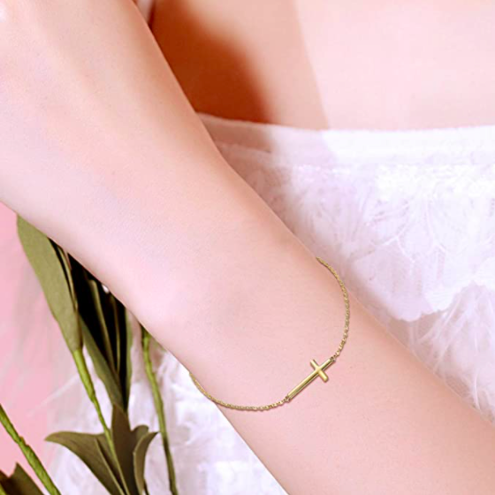 Product-Bracelet-14k Gold Sideways Cross Bracelets for Women, Yellow Gold Engraved Faith Cross Bracelet with Adjustable Chain Fine Jewelry for Mom, Wife, Girl, 6.5" - 8.5"-Amazon-AllThingsFaithful