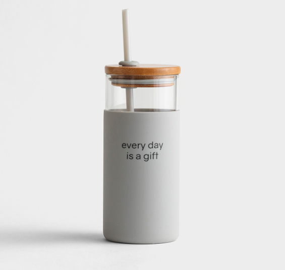 Product-Tumbler-Every Day Is A Gift - 18oz Glass Tumbler with Bamboo Lid and Straw-DaySpring-AllThingsFaithful