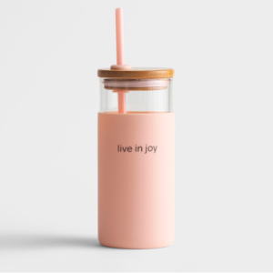 Product-Tumbler-Live In Joy - 18oz Glass Tumbler with Bamboo Lid and Straw-DaySpring-AllThingsFaithful